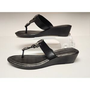 Montego Bay Club T Strap Black Heel Wedge Sandals Shoes Size US 7
